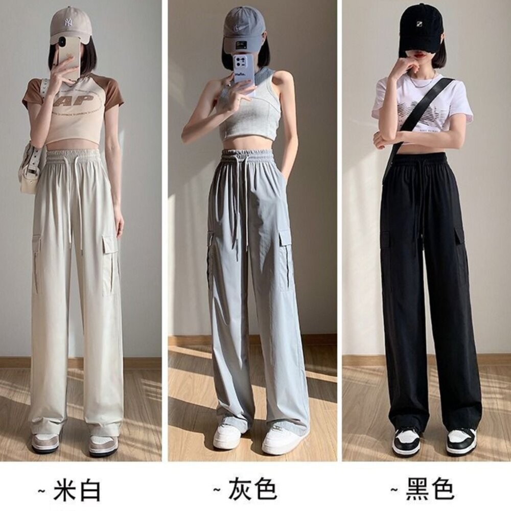【台灣發貨】韓版冰絲速乾高腰寬鬆工裝褲 寬褲 褲子 女裝【P441】-細節圖3