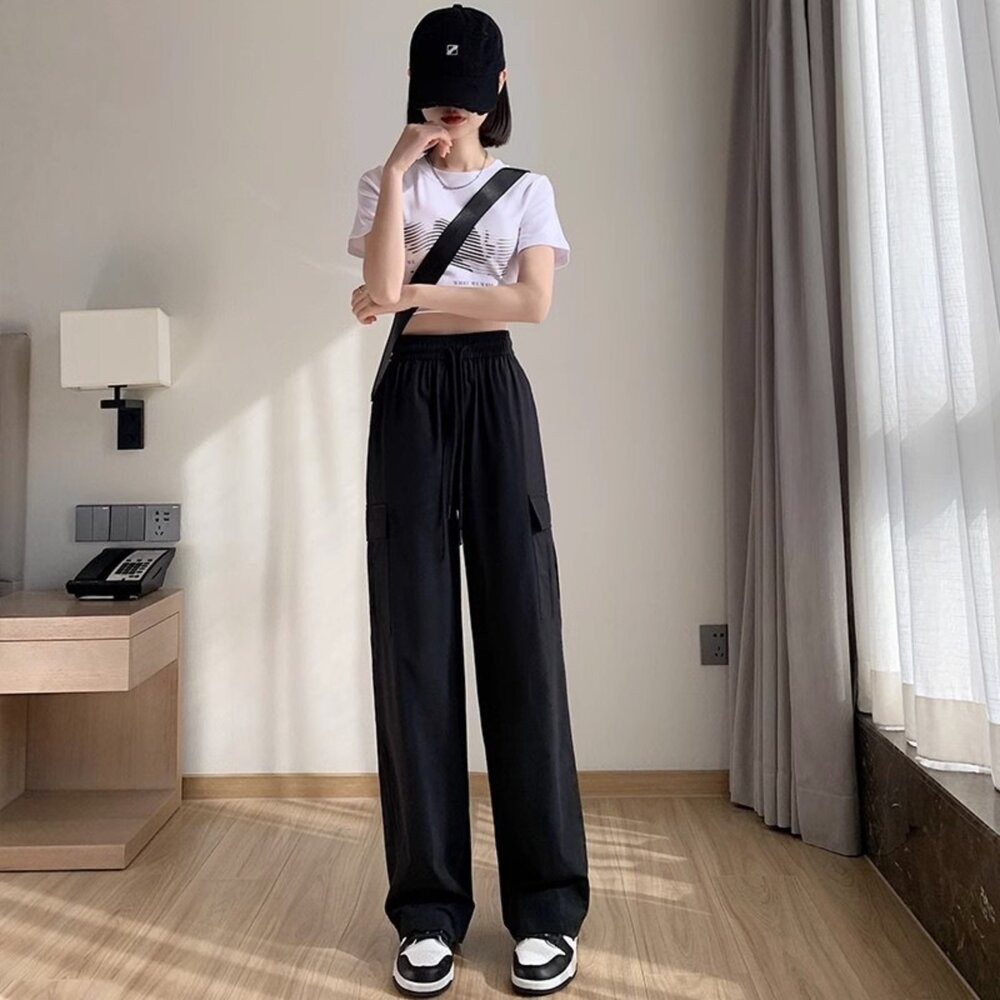 【台灣發貨】韓版美式冰絲速乾工裝褲 寬褲 褲子 女裝【P441】-細節圖3