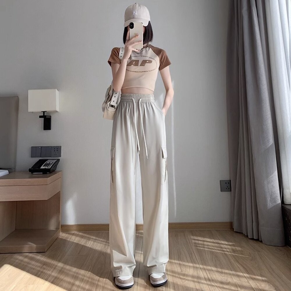 【台灣發貨】韓版美式冰絲速乾工裝褲 寬褲 褲子 女裝【P441】-細節圖7