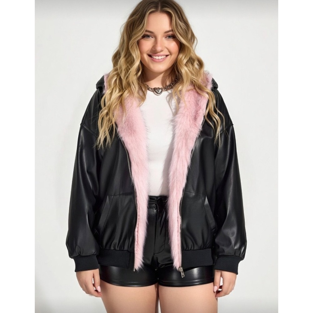 肉肉女孩-皮革大毛毛皮外套-細節圖3