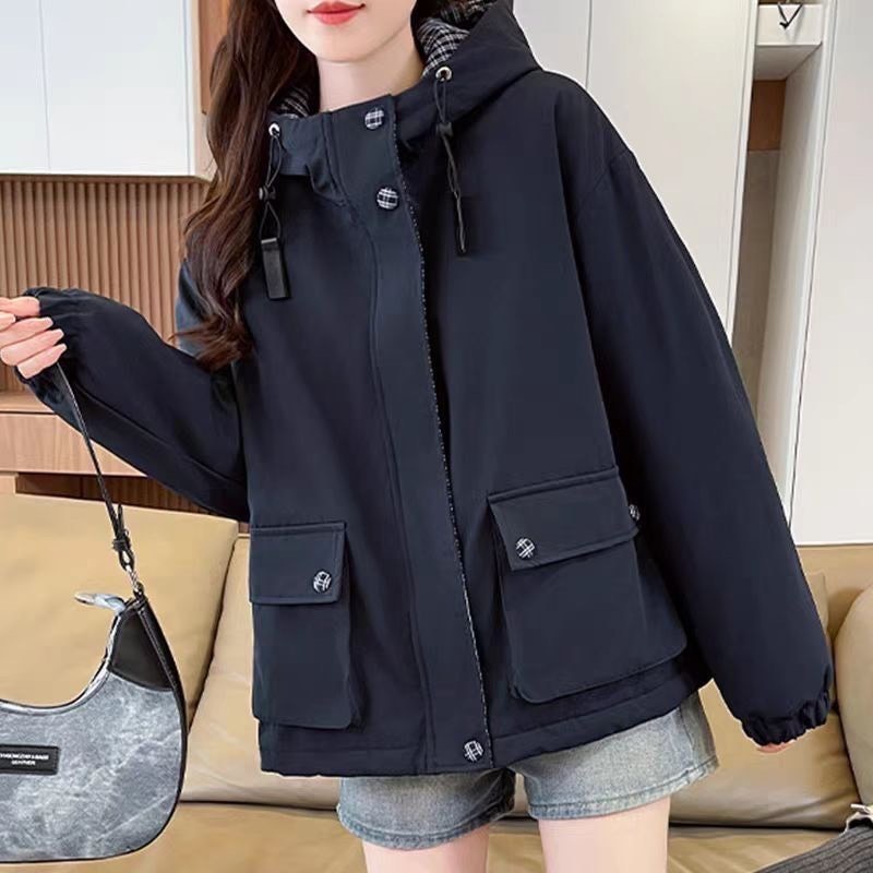 肉肉女孩-連帽格子，衝鋒保暖外套-細節圖3