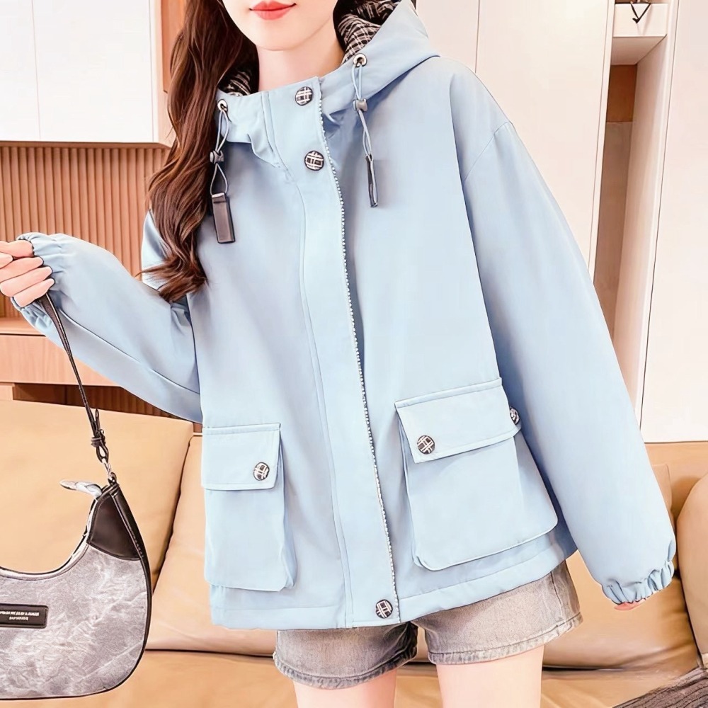 肉肉女孩-連帽格子，衝鋒保暖外套-細節圖4