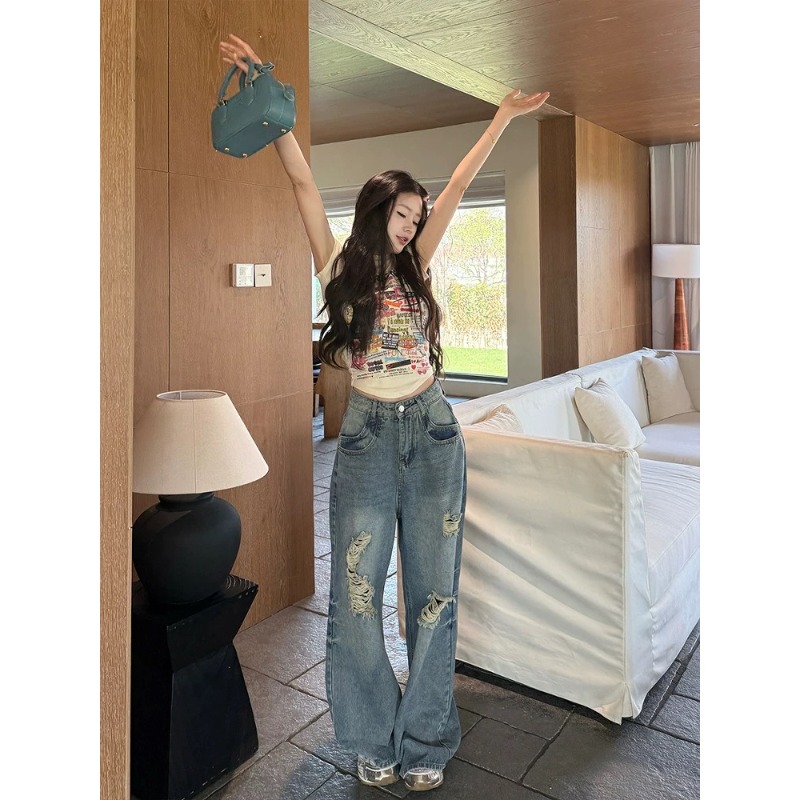 ⭕下單前請先聊聊有無庫存⭕【AY】網紅💥款.美式刷破街頭闊腿牛仔褲-細節圖2