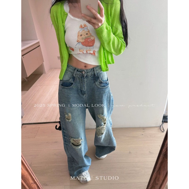 ⭕下單前請先聊聊有無庫存⭕【AY】網紅💥款.美式刷破街頭闊腿牛仔褲-細節圖3