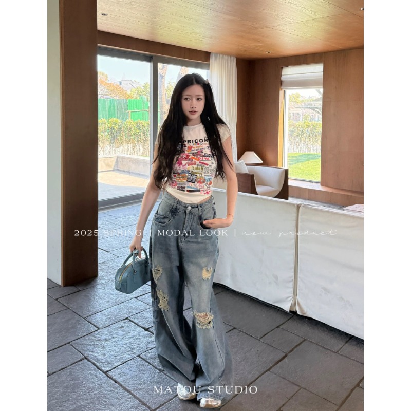 ⭕下單前請先聊聊有無庫存⭕【AY】網紅💥款.美式刷破街頭闊腿牛仔褲-細節圖4