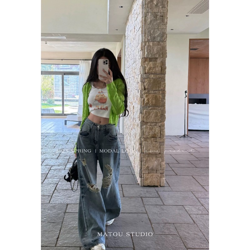 ⭕下單前請先聊聊有無庫存⭕【AY】網紅💥款.美式刷破街頭闊腿牛仔褲-細節圖5