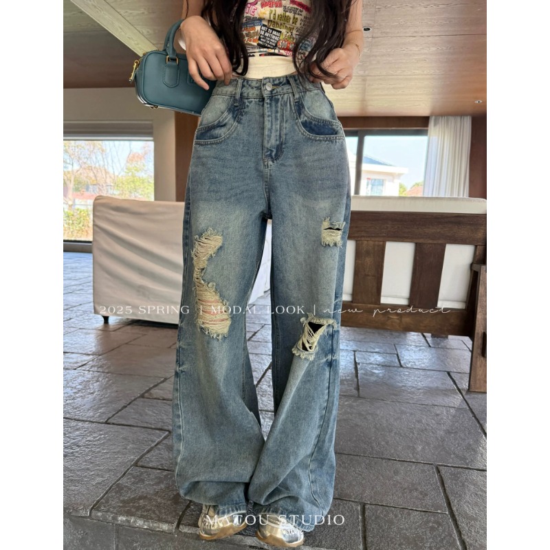 ⭕下單前請先聊聊有無庫存⭕【AY】網紅💥款.美式刷破街頭闊腿牛仔褲-細節圖6