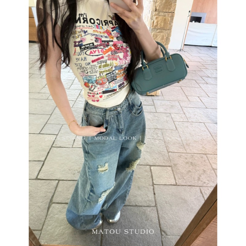 ⭕下單前請先聊聊有無庫存⭕【AY】網紅💥款.美式刷破街頭闊腿牛仔褲-細節圖7