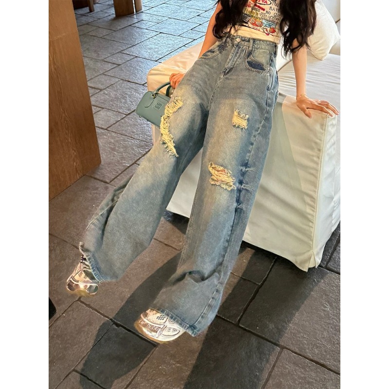 ⭕下單前請先聊聊有無庫存⭕【AY】網紅💥款.美式刷破街頭闊腿牛仔褲-細節圖8