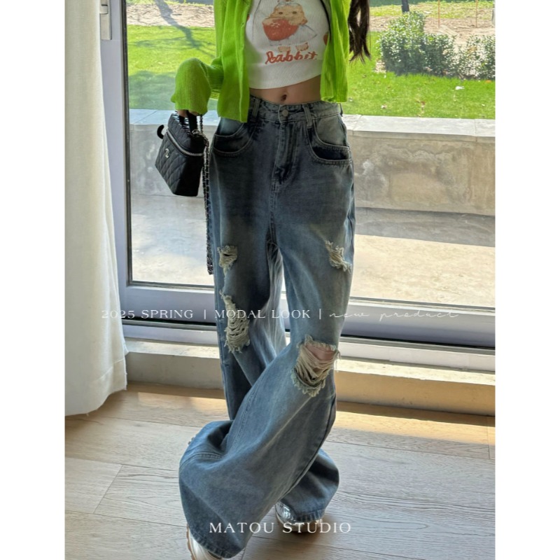 ⭕下單前請先聊聊有無庫存⭕【AY】網紅💥款.美式刷破街頭闊腿牛仔褲-細節圖9