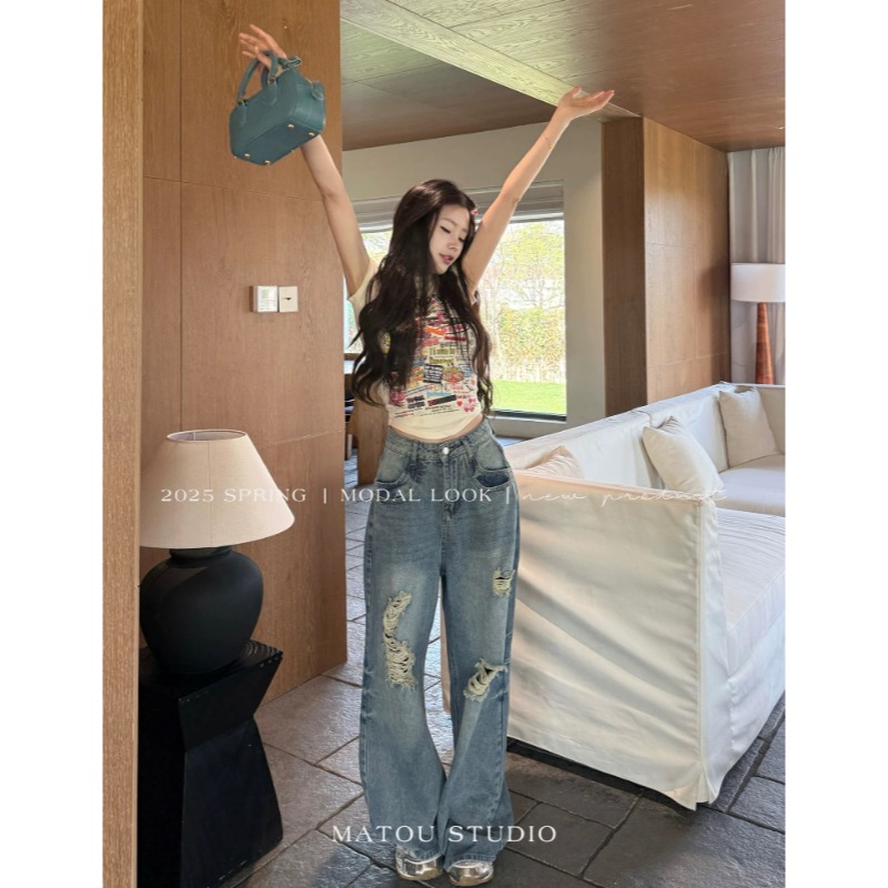 ⭕下單前請先聊聊有無庫存⭕【AY】網紅💥款.美式刷破街頭闊腿牛仔褲-細節圖10