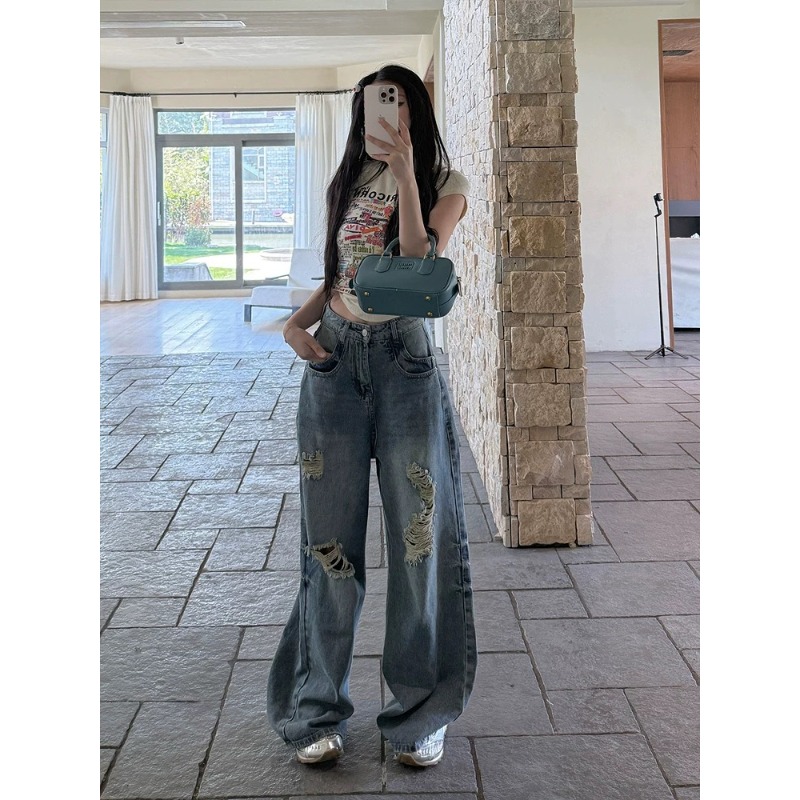 ⭕下單前請先聊聊有無庫存⭕【AY】網紅💥款.美式刷破街頭闊腿牛仔褲-細節圖11