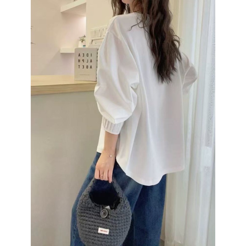 ⭕下單前請先聊聊有無庫存⭕壓摺袖棉T拼接襯衫-細節圖7