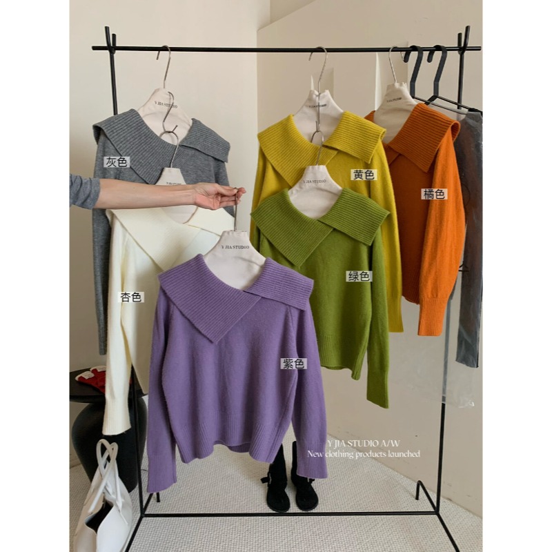 ⭕下單前請先聊聊有無庫存⭕【Y.JIA】氣質設計感不規則翻領針織衫-細節圖2