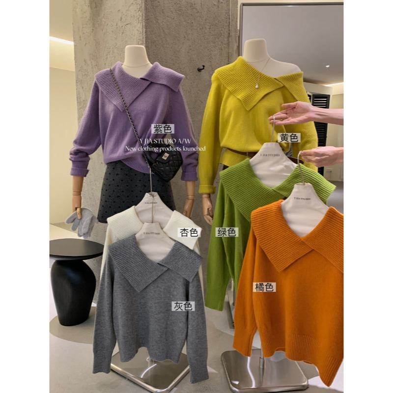 ⭕下單前請先聊聊有無庫存⭕【Y.JIA】氣質設計感不規則翻領針織衫-細節圖4