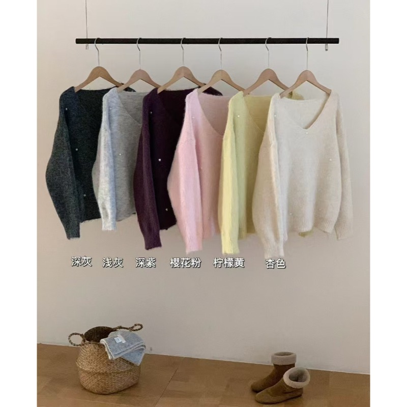 ⭕下單前請先聊聊有無庫存⭕韓系V領桃心❤️釘珠針織上衣-細節圖8