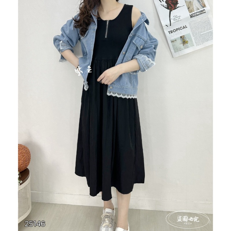 ⭕下單前請先聊聊有無庫存⭕拉錬拼接無袖長洋裝-細節圖3