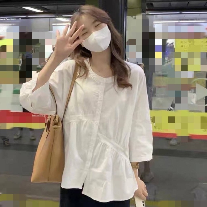 ⭕下單前請先聊聊有無庫存⭕韓標.韓系設計感七分袖剪裁襯衫-細節圖6