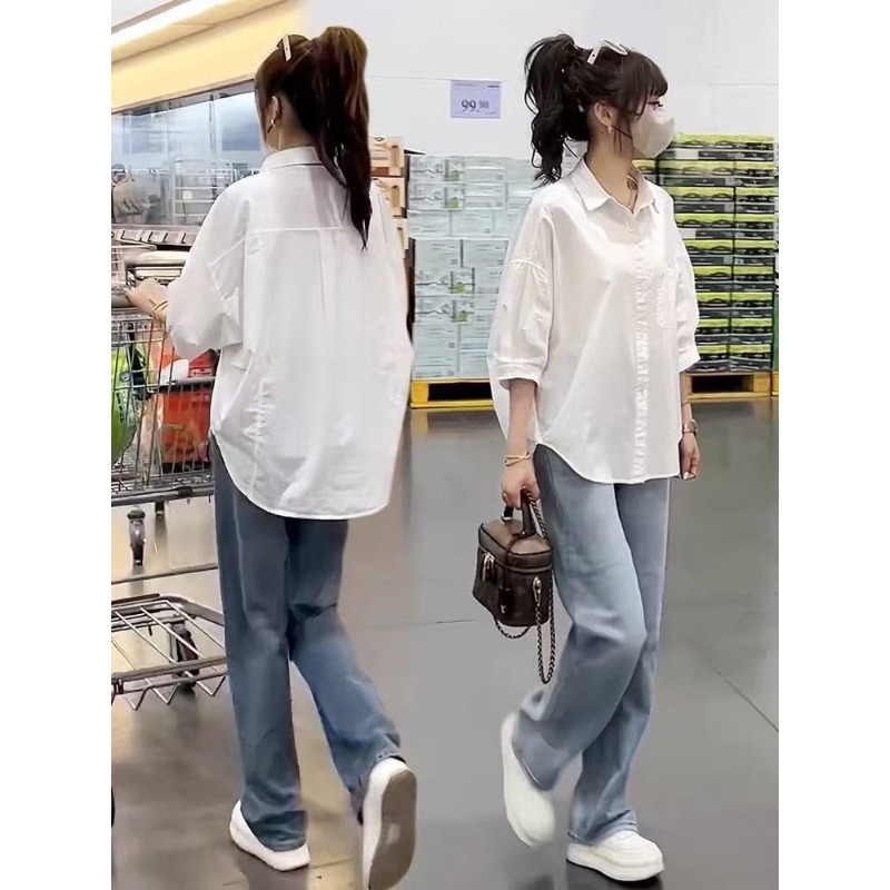 ⭕下單前請先聊聊有無庫存⭕韓標。韓系氣質百搭設計感下弧形五分袖襯衫-細節圖9