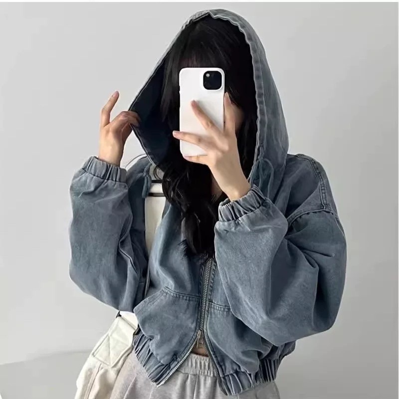 ⭕下單前請先聊聊有無庫存⭕東大門雙層帽落肩收腰洗水短版牛仔外套-細節圖4