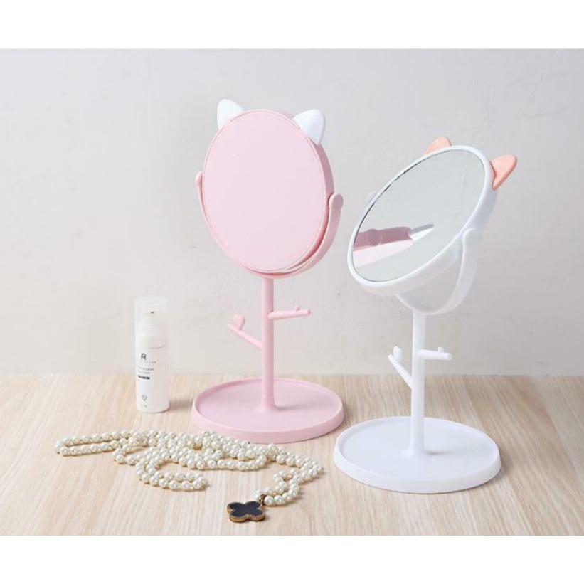 現貨 2色 多功能 造型貓耳 化妝鏡 鏡子 學生 宿舍 開學 女生 好物神器 家居 生活用品 小物收納 髮圈 飾品-細節圖3