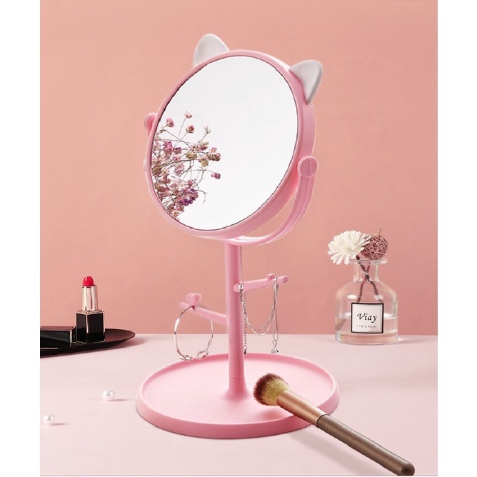 現貨 2色 多功能 造型貓耳 化妝鏡 鏡子 學生 宿舍 開學 女生 好物神器 家居 生活用品 小物收納 髮圈 飾品-細節圖5