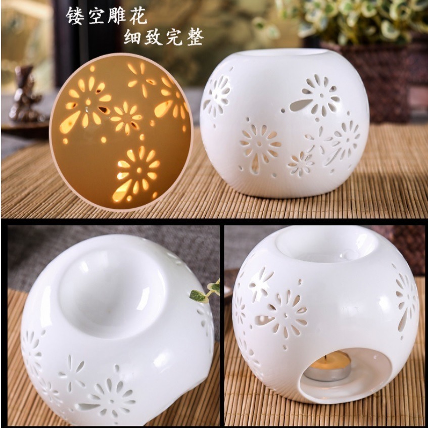 現貨快出 送燭托+精油 璀璨鏤空花 薰香 陶瓷 燭燈 精油燈 香薰 居家 情境 易清洗 芳香燈-細節圖3
