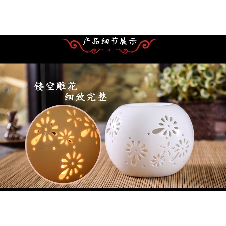 現貨快出 送燭托+精油 璀璨鏤空花 薰香 陶瓷 燭燈 精油燈 香薰 居家 情境 易清洗 芳香燈-細節圖8