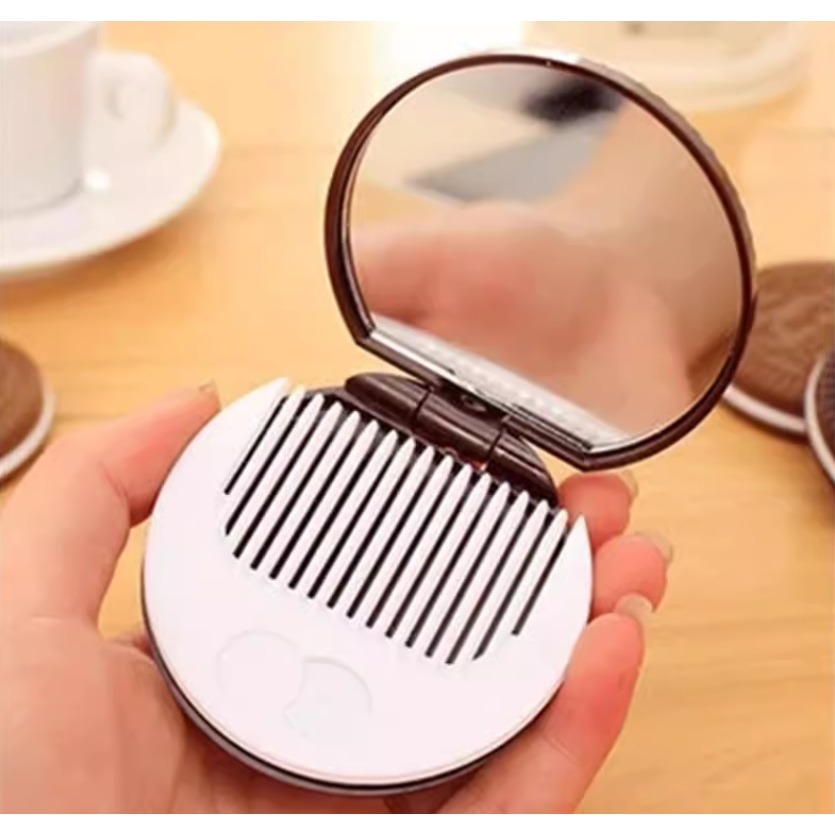 現貨 奧利奧餅乾鏡 帶梳子小巧便攜可愛 小鏡子 隨身 簡約 迷你 折疊 化妝鏡 補妝鏡-細節圖3