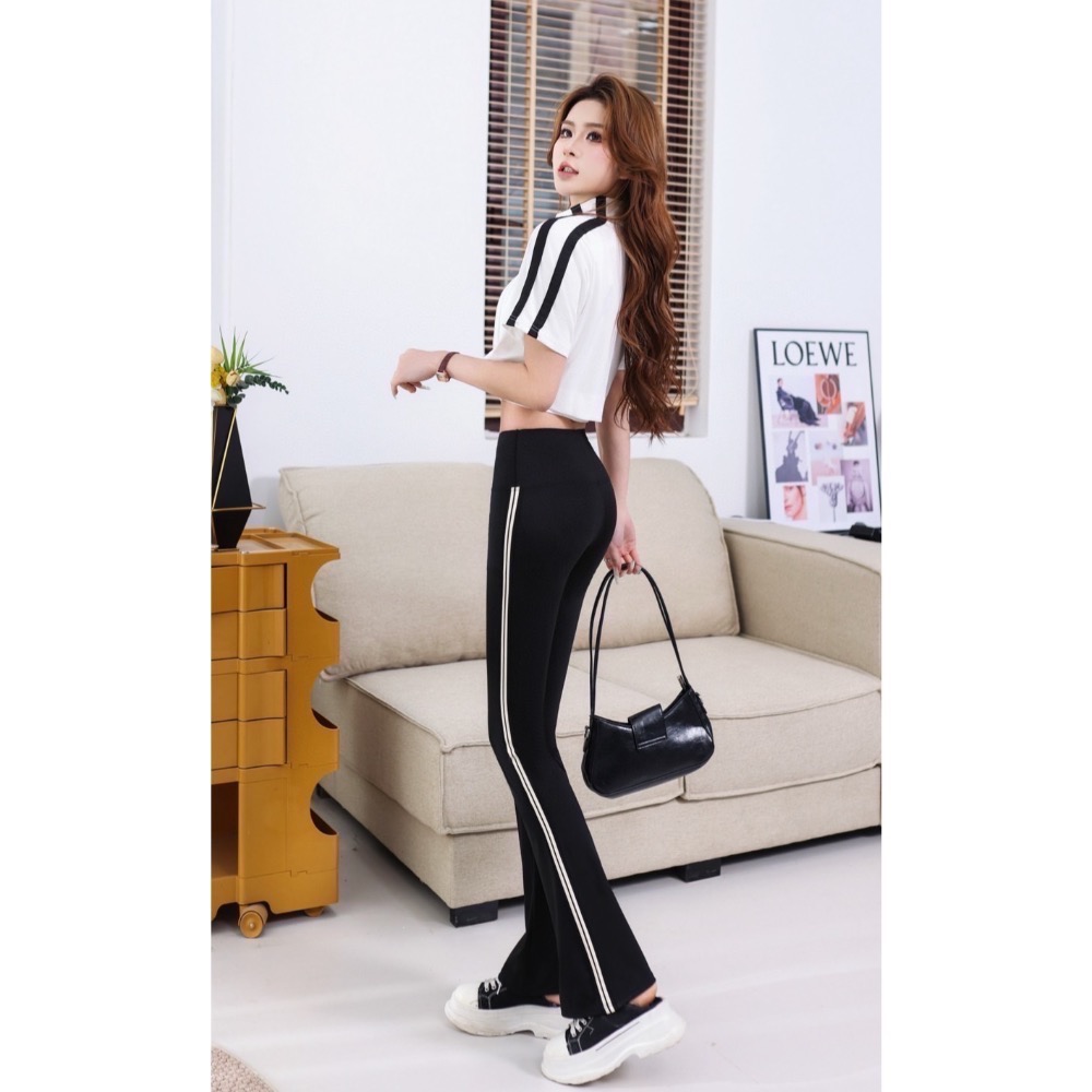 高腰瑜珈微喇叭褲 運動褲 修身美體三條杠喇叭褲-細節圖6