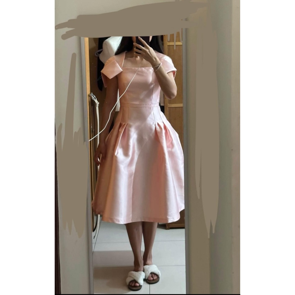 泰式名媛風淺香檳粉中長小禮服洋裝-細節圖2