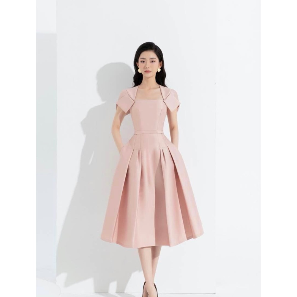 泰式名媛風淺香檳粉中長小禮服洋裝-細節圖4