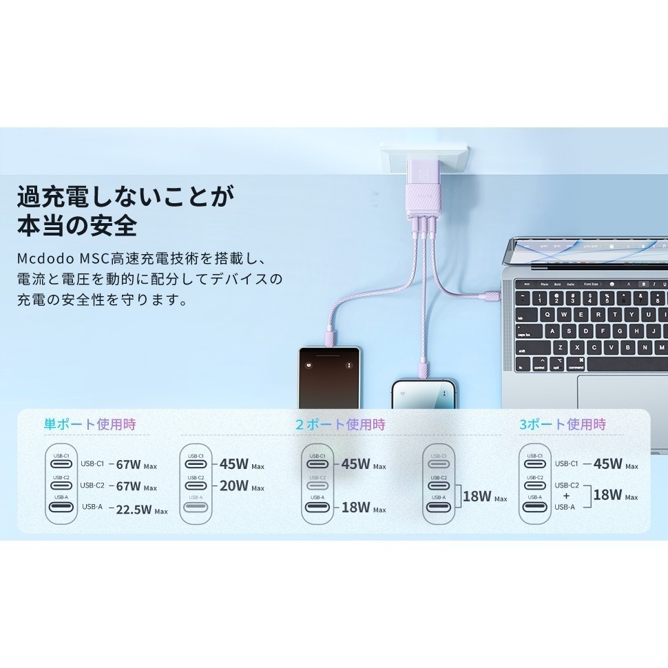 【丁香紫】麥多多 Mcdodo GaN Crystal 氮化鎵 67W 3孔 (2C1A) 急速充電器-細節圖3