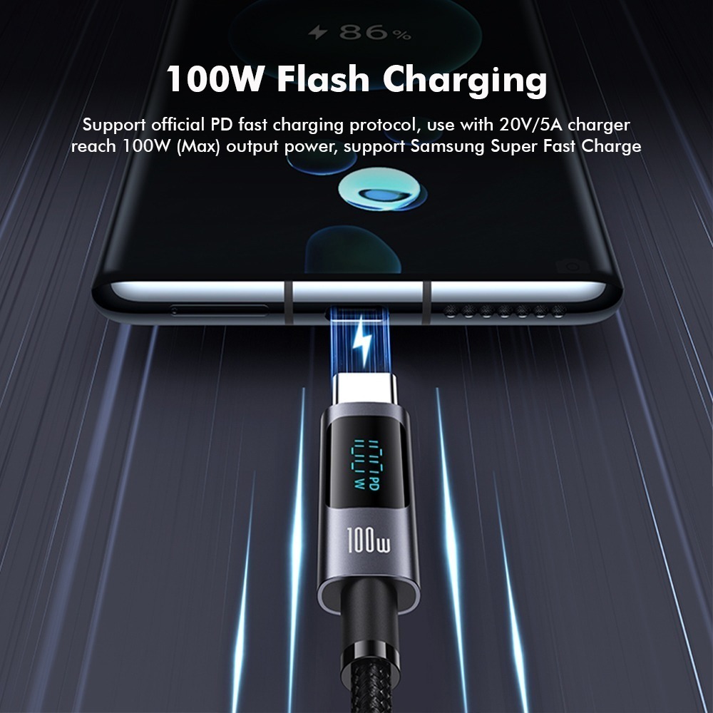 UKKO 急速 PD 100W Type-C to Type-C LED數位顯示充電編織傳輸線 1.2m-細節圖2