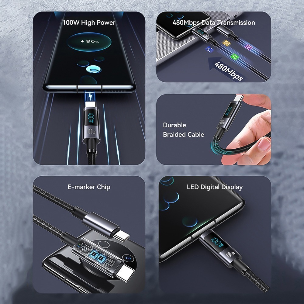 UKKO 急速 PD 100W Type-C to Type-C LED數位顯示充電編織傳輸線 1.2m-細節圖4