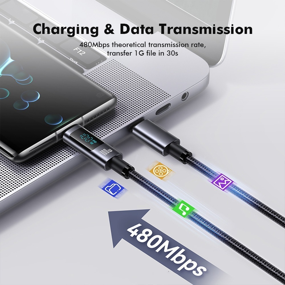 UKKO 急速 PD 100W Type-C to Type-C LED數位顯示充電編織傳輸線 1.2m-細節圖5