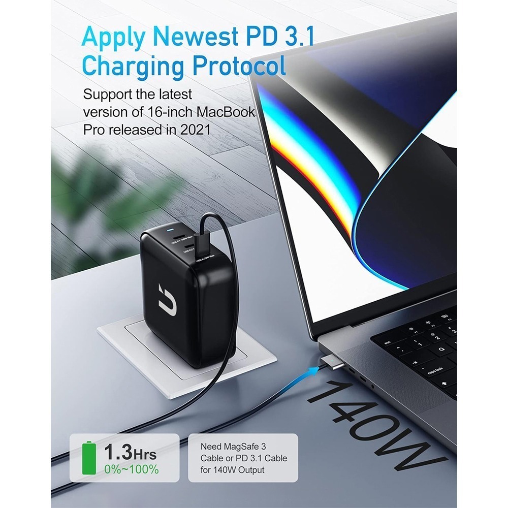 【電競版】 UKKO 140W GaN 氮化鎵 3孔 (2C1A) 急速充電器 (黑)-細節圖2