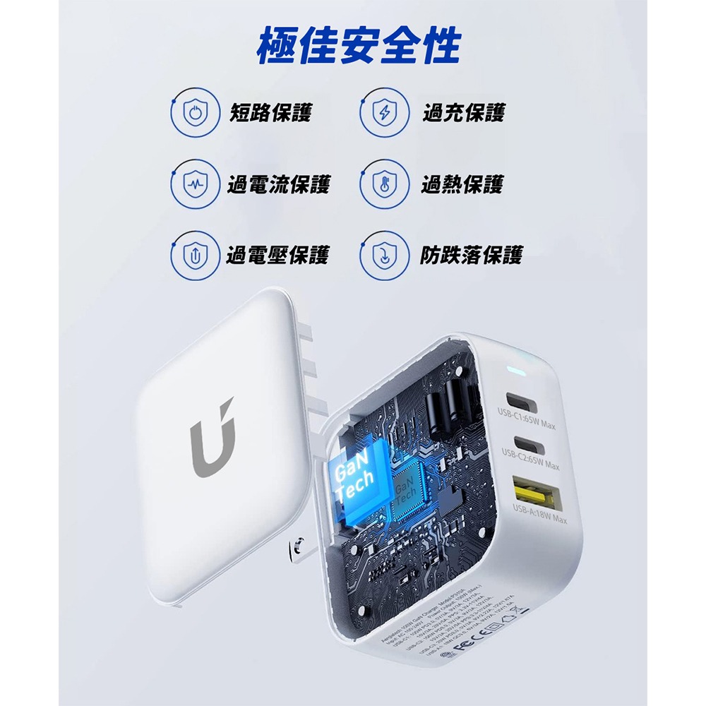 【限時購】UKKO 65W GaN氮化鎵 3孔 (2C1A) 急速充電器 + PD 60W 1m 數據線-細節圖3