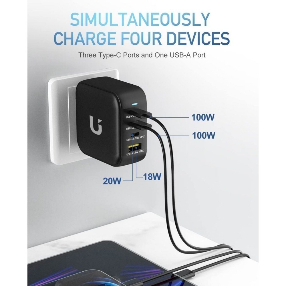 UKKO 100W GaN氮化鎵 4孔 (3C1A) 急充器 (雙色可選) 贈送PD 100W E-marker 數據線-細節圖5