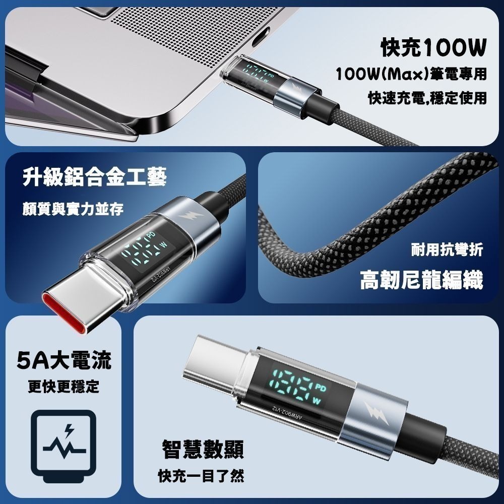 UKKO (3入組) 急速 PD 100W 數位顯示充電編織傳輸線 1.2m*3 免運-細節圖2