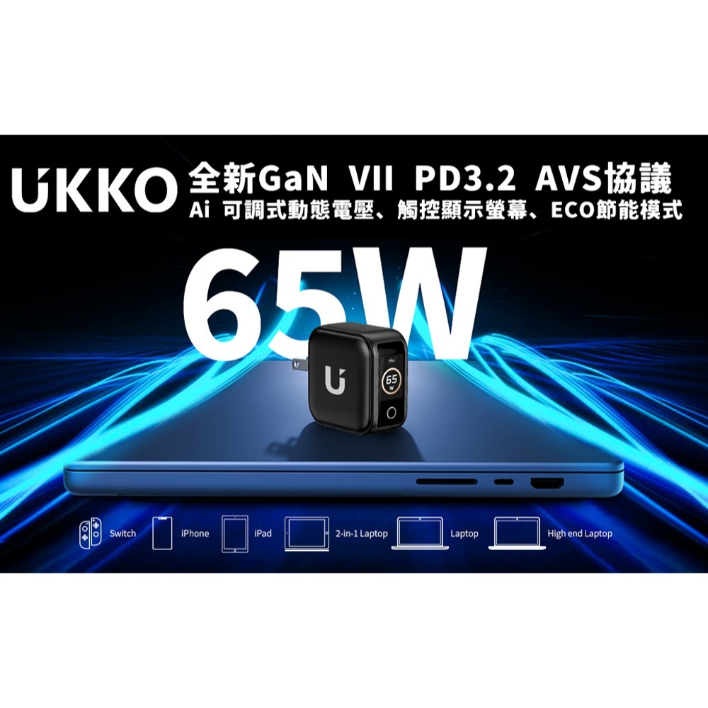 UKKO 65W GaN 氮化鎵 PD3.2/AVS 3孔 (2C1A) AI 溫控急速充電器 (黑)-細節圖2