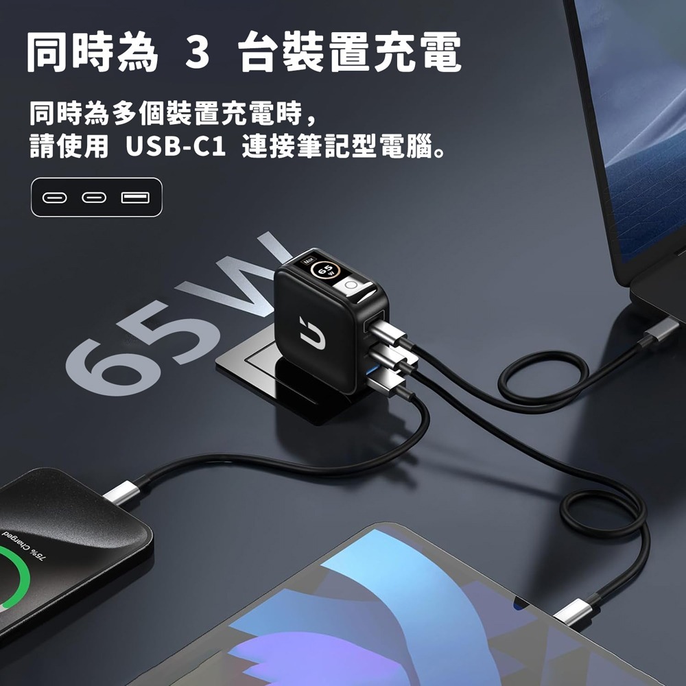 UKKO 65W GaN 氮化鎵 PD3.2/AVS 3孔 (2C1A) AI 溫控急速充電器 (黑)-細節圖5