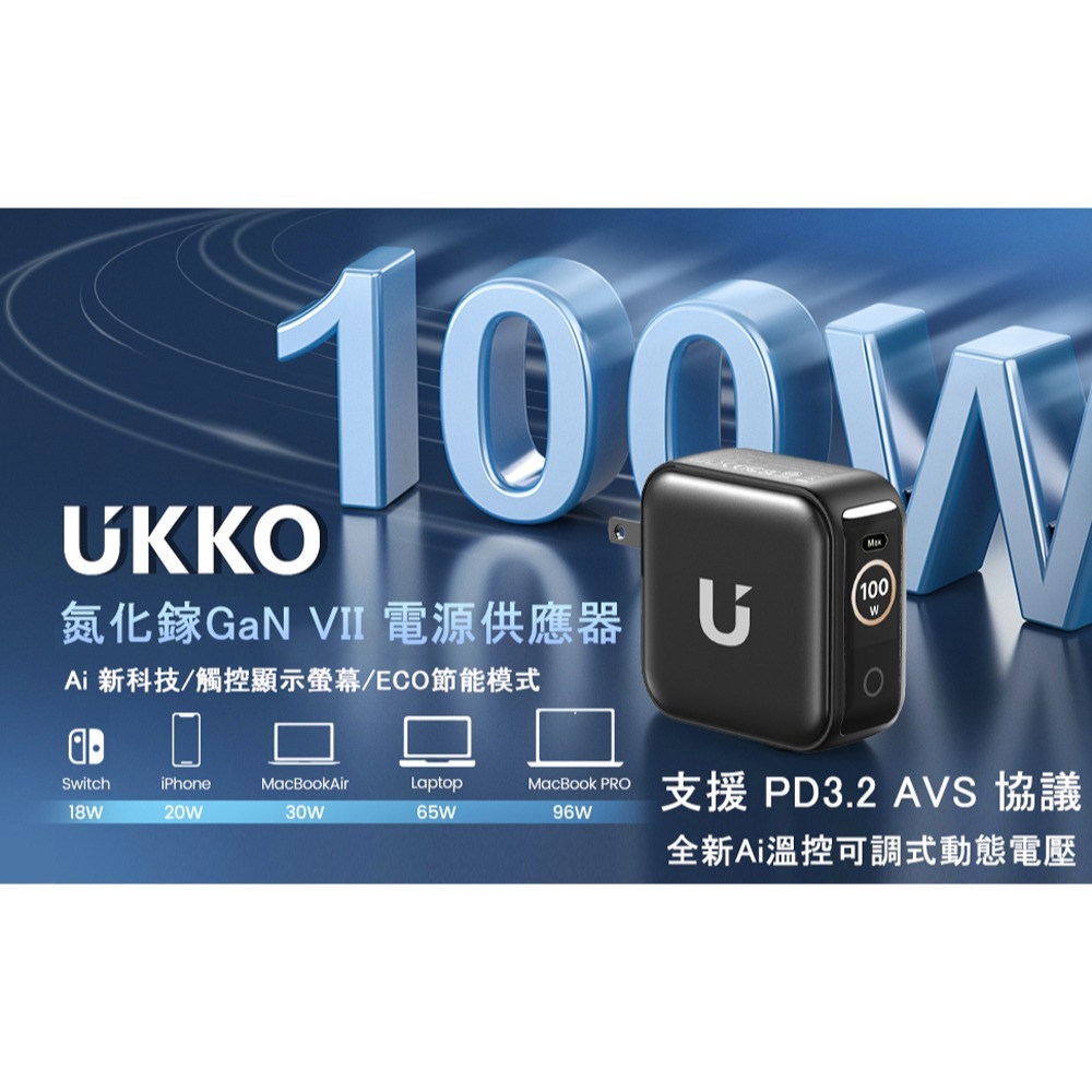 UKKO 100W GaN 氮化鎵 PD3.2/AVS 3孔 (2C1A) AI 溫控急速充電器 (黑)-細節圖2