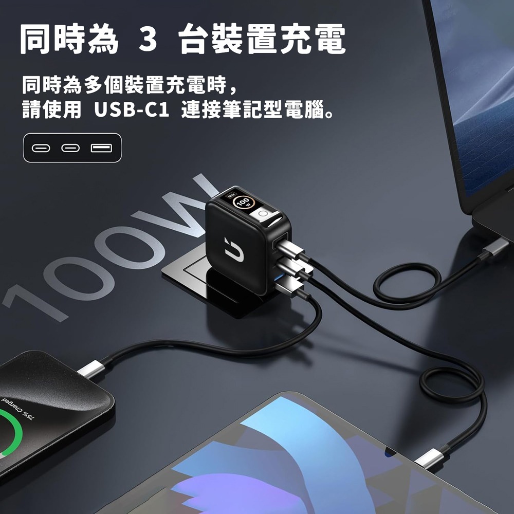 UKKO 100W GaN 氮化鎵 PD3.2/AVS 3孔 (2C1A) AI 溫控急速充電器 (黑)-細節圖7