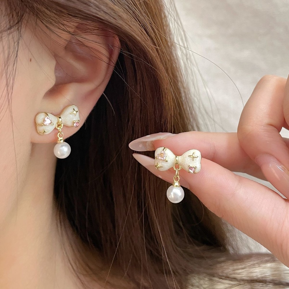 韓版個性粉鋯石滴油蝴蝶結耳環-細節圖2