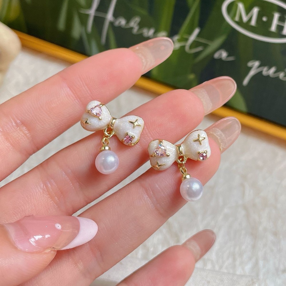 韓版個性粉鋯石滴油蝴蝶結耳環-細節圖3