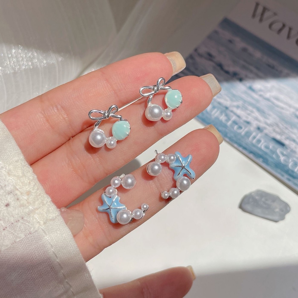 清透藍海洋貝殼魚尾耳釘套裝-細節圖2