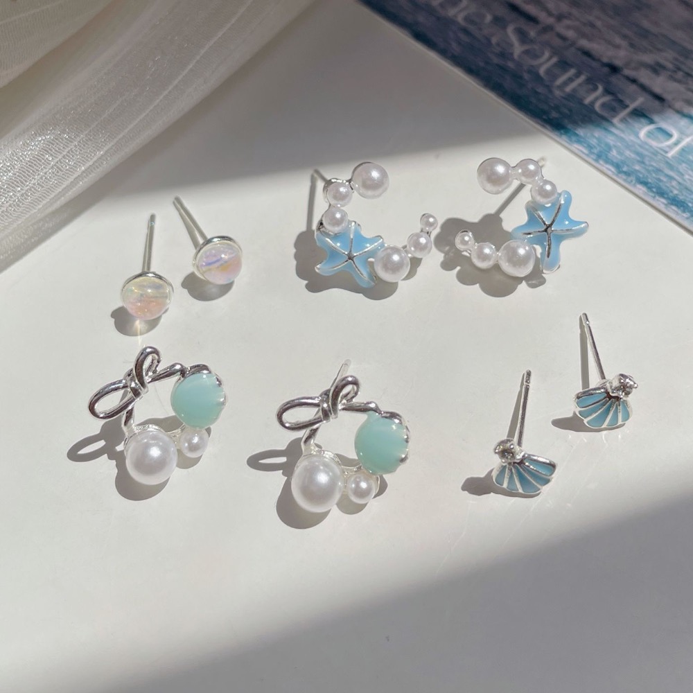 清透藍海洋貝殼魚尾耳釘套裝-細節圖3