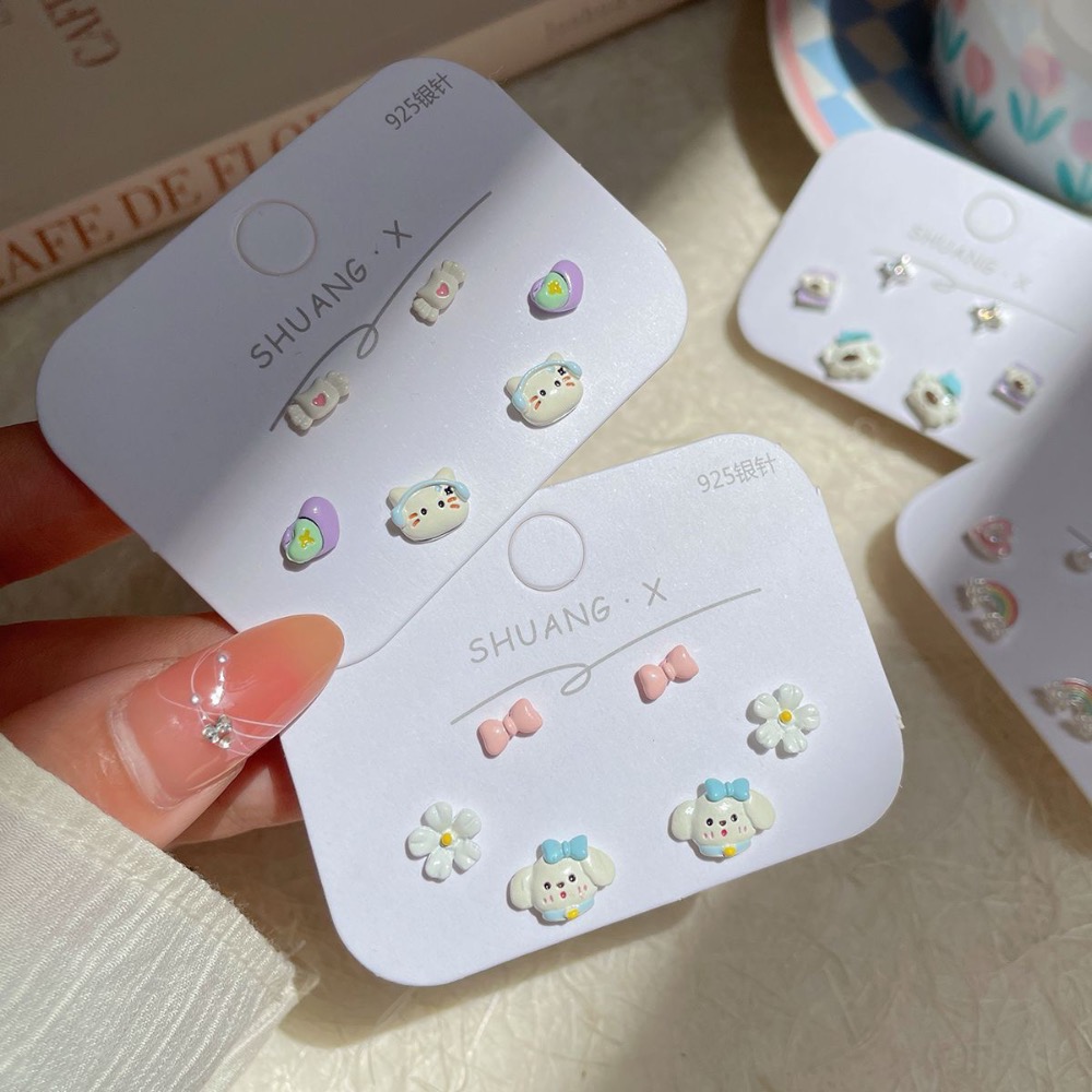 卡通可愛貓咪桃心耳釘三件套-細節圖2