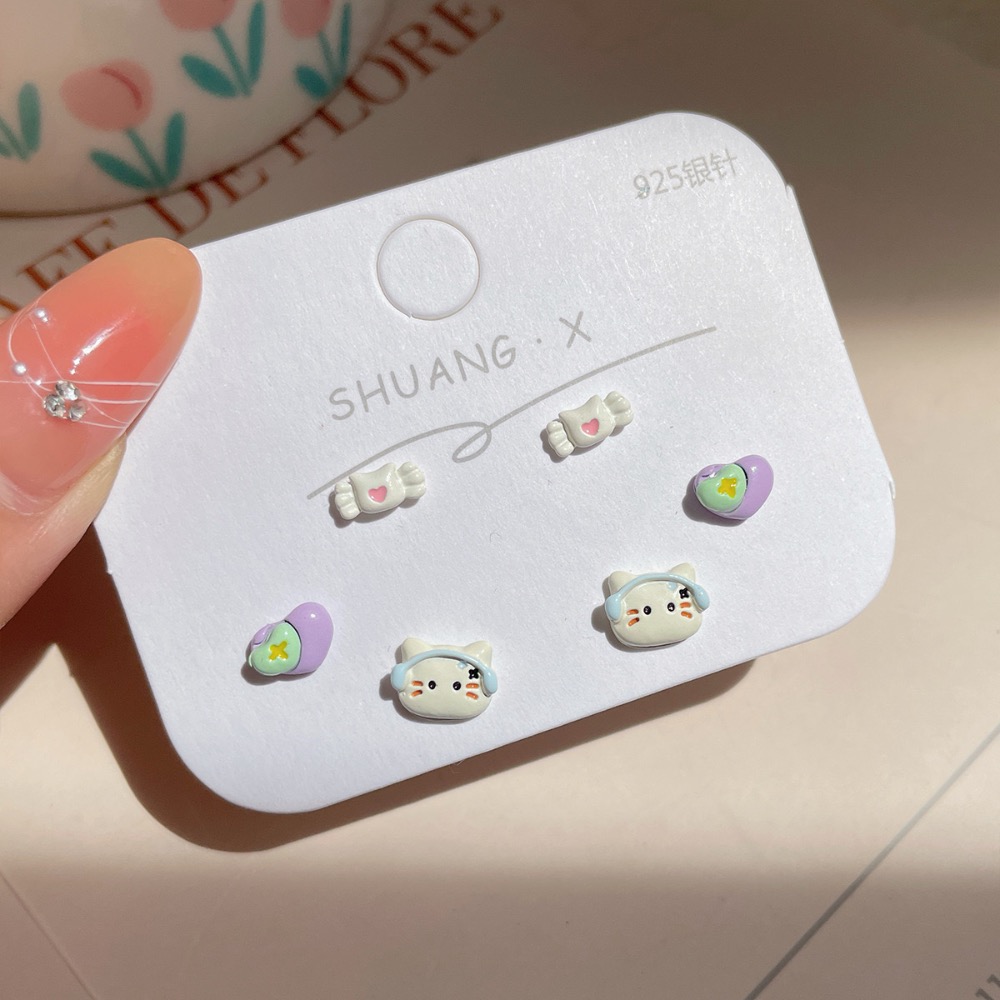卡通可愛貓咪桃心耳釘三件套-規格圖4